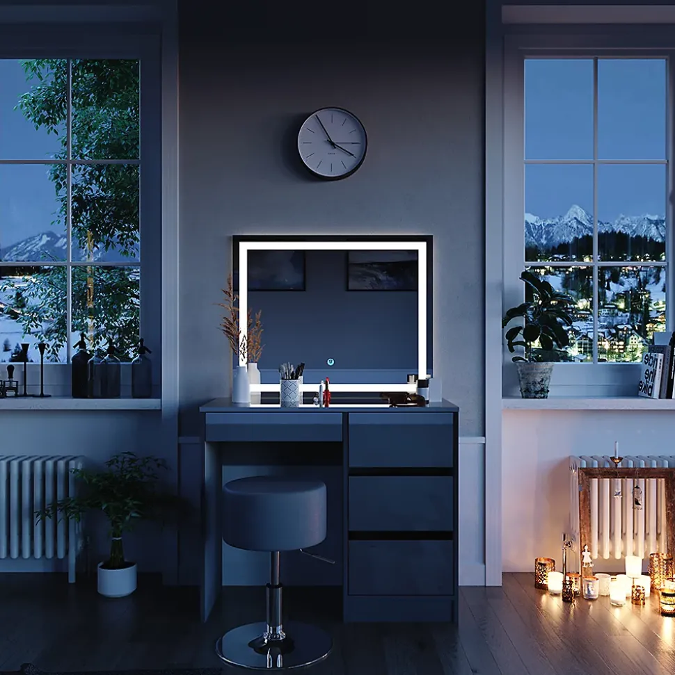 Vicco Coiffeuse Gris 40cm avec miroir LED et tabouret