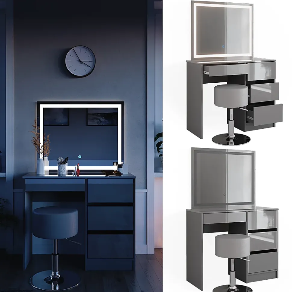 Vicco Coiffeuse Gris 40cm avec miroir LED et tabouret