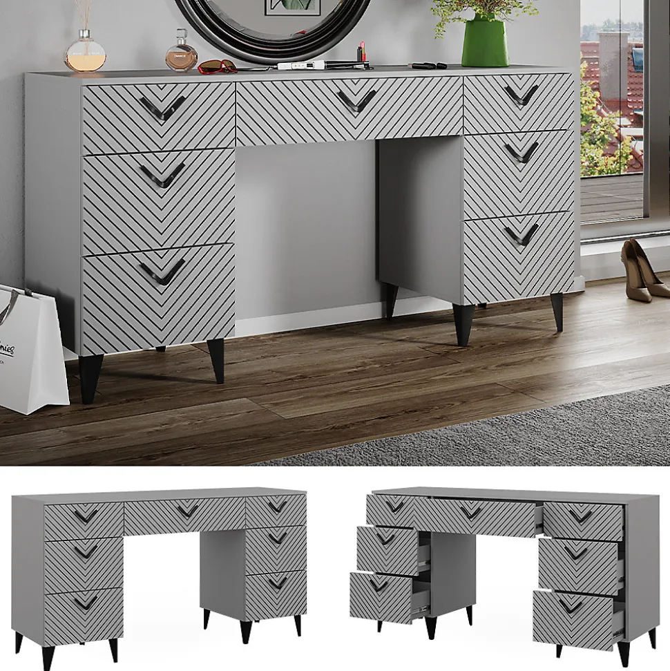 Vicco Coiffeuse Gris 150cm sans miroir, avec 7 tiroirs