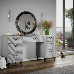 Vicco Coiffeuse Gris 150cm sans miroir, avec 7 tiroirs