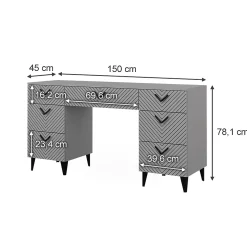 Vicco Coiffeuse Gris 150cm sans miroir, avec 7 tiroirs