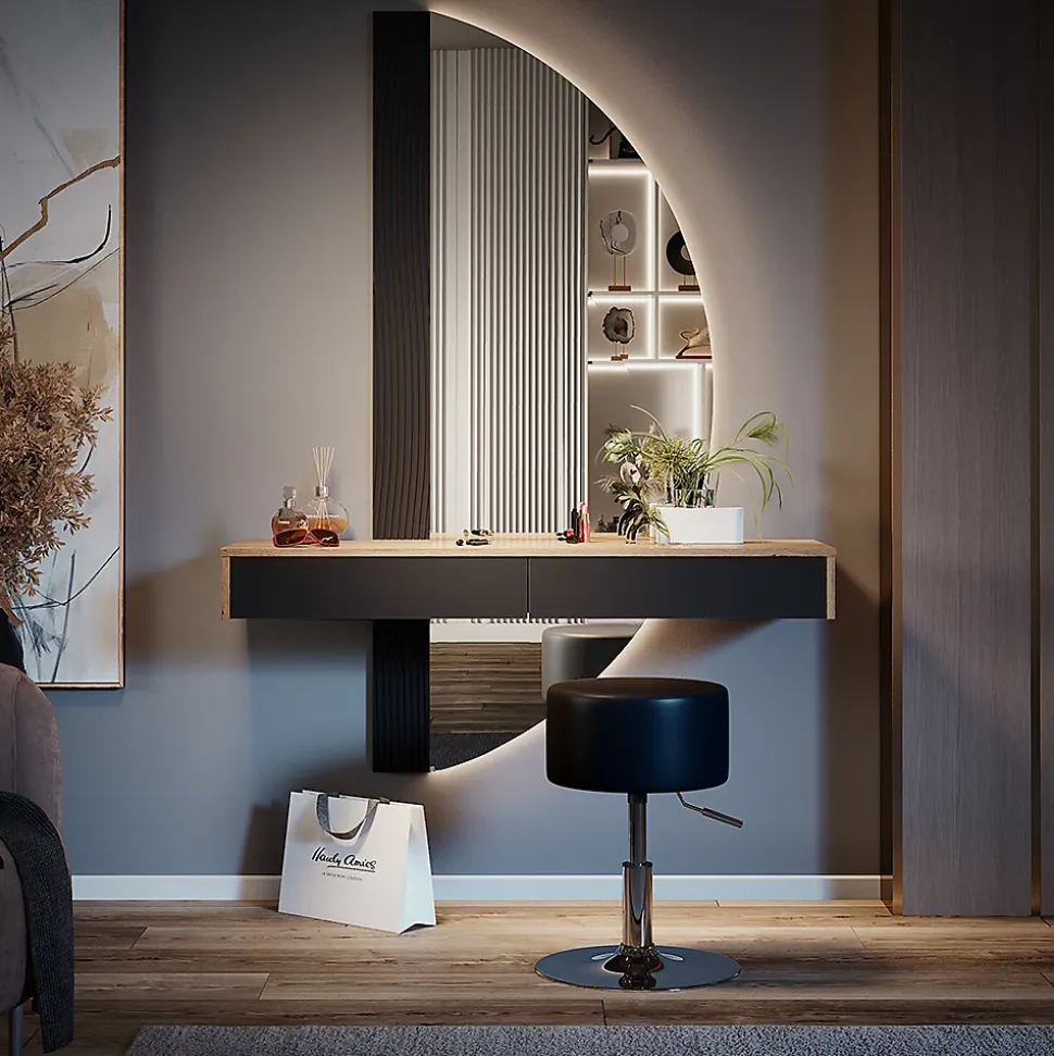 Vicco Coiffeuse Noir 120cm avec éclairage et tabouret