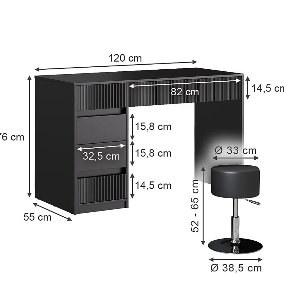 Vicco Coiffeuse Noir 120cm avec tabouret
