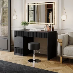 Vicco Coiffeuse Noir 120cm avec miroir LED et tabouret