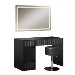 Vicco Coiffeuse Noir 120cm avec miroir LED et tabouret