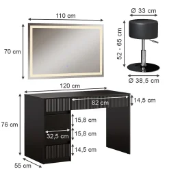 Vicco Coiffeuse Noir 120cm avec miroir LED et tabouret