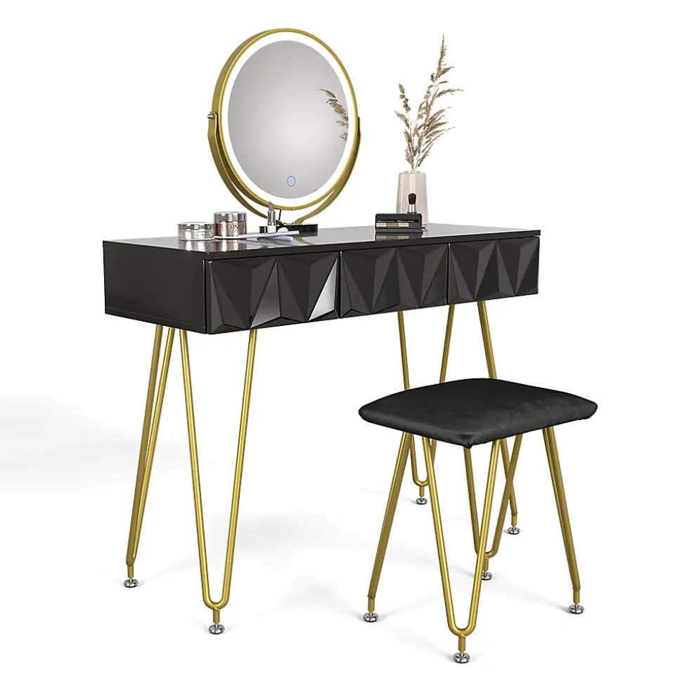 Vicco Coiffeuse Noir 100cm avec miroir LED et tabouret