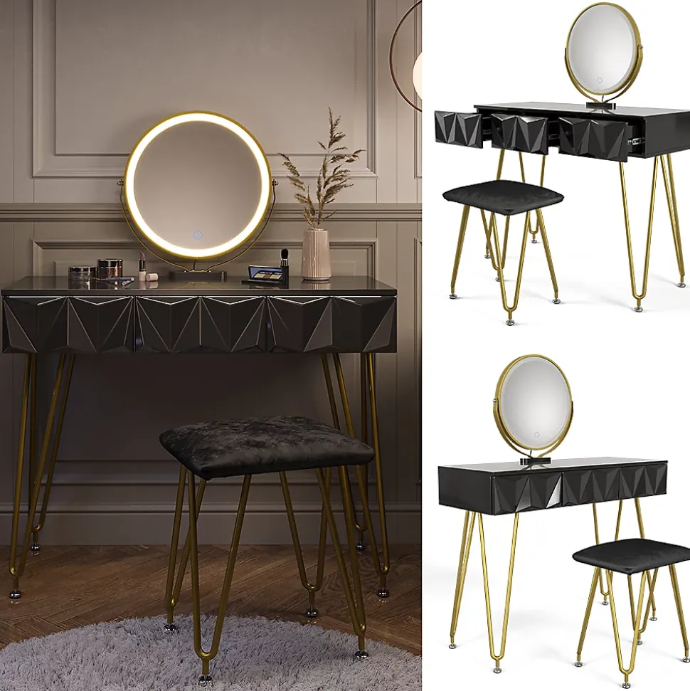 Vicco Coiffeuse Noir 100cm avec miroir LED et tabouret