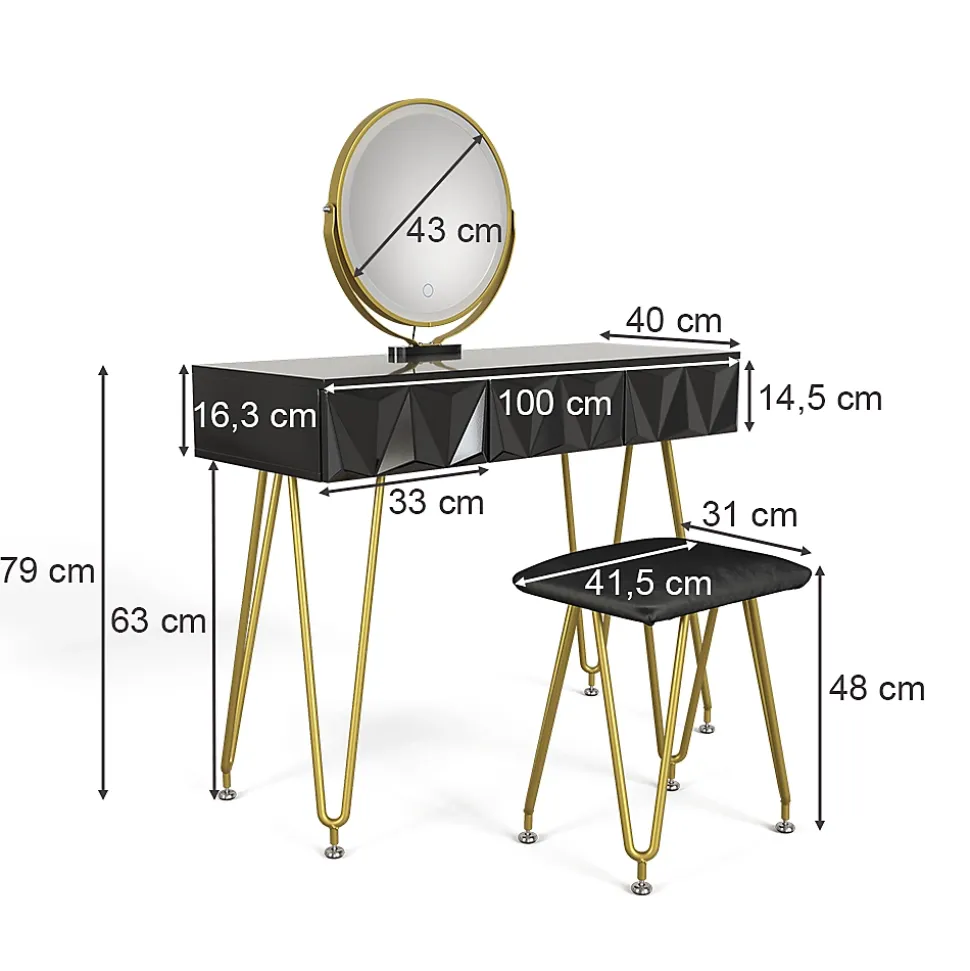 Vicco Coiffeuse Noir 100cm avec miroir LED et tabouret