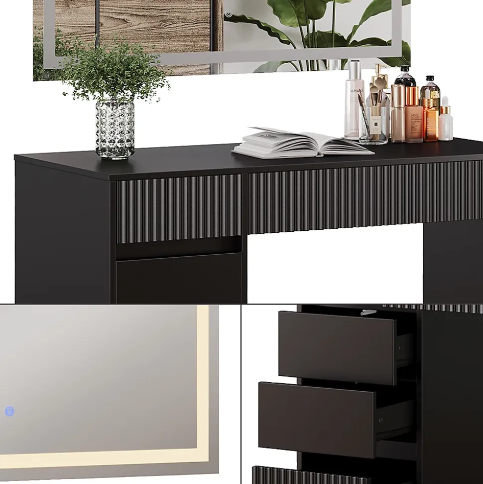 Vicco Coiffeuse Noir 120cm avec miroir LED