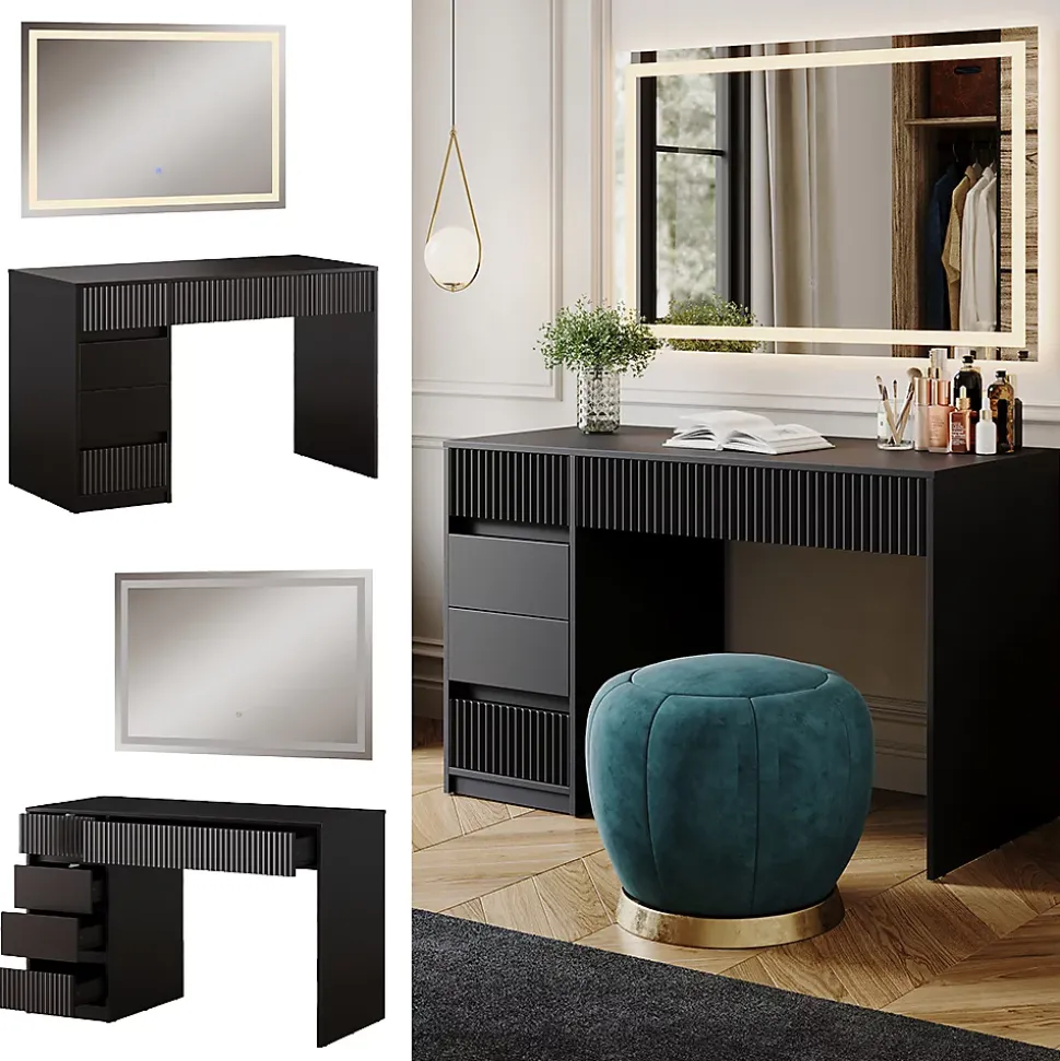 Vicco Coiffeuse Noir 120cm avec miroir LED