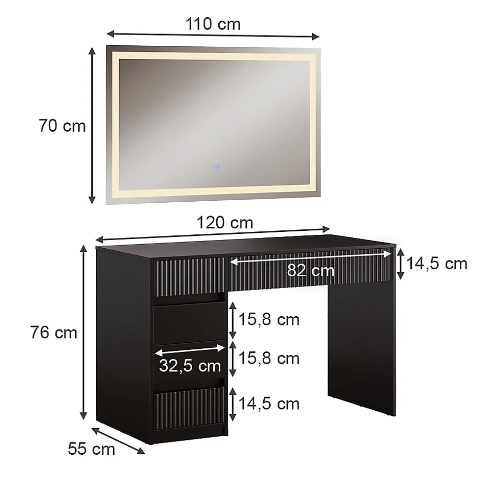 Vicco Coiffeuse Noir 120cm avec miroir LED