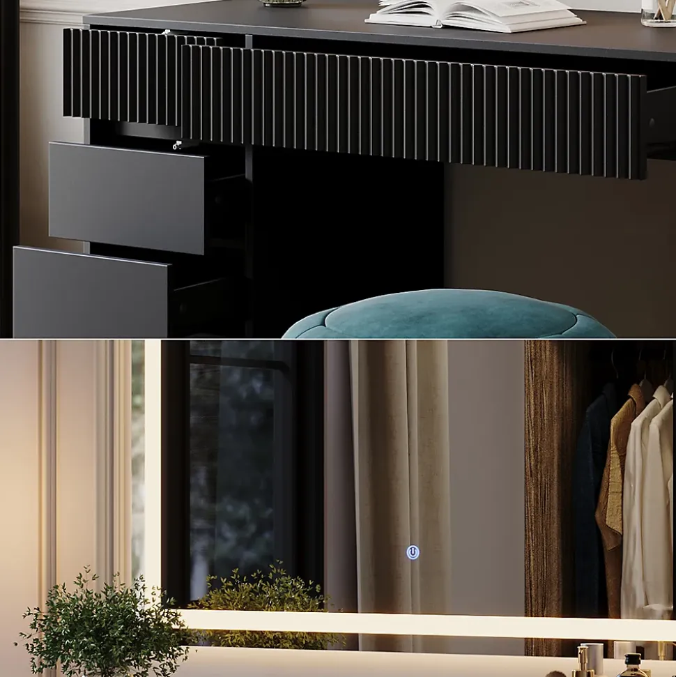 Vicco Coiffeuse Noir 120cm avec miroir LED
