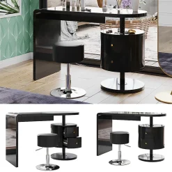 Vicco Coiffeuse Noir Haute brillance 120cm avec tabouret