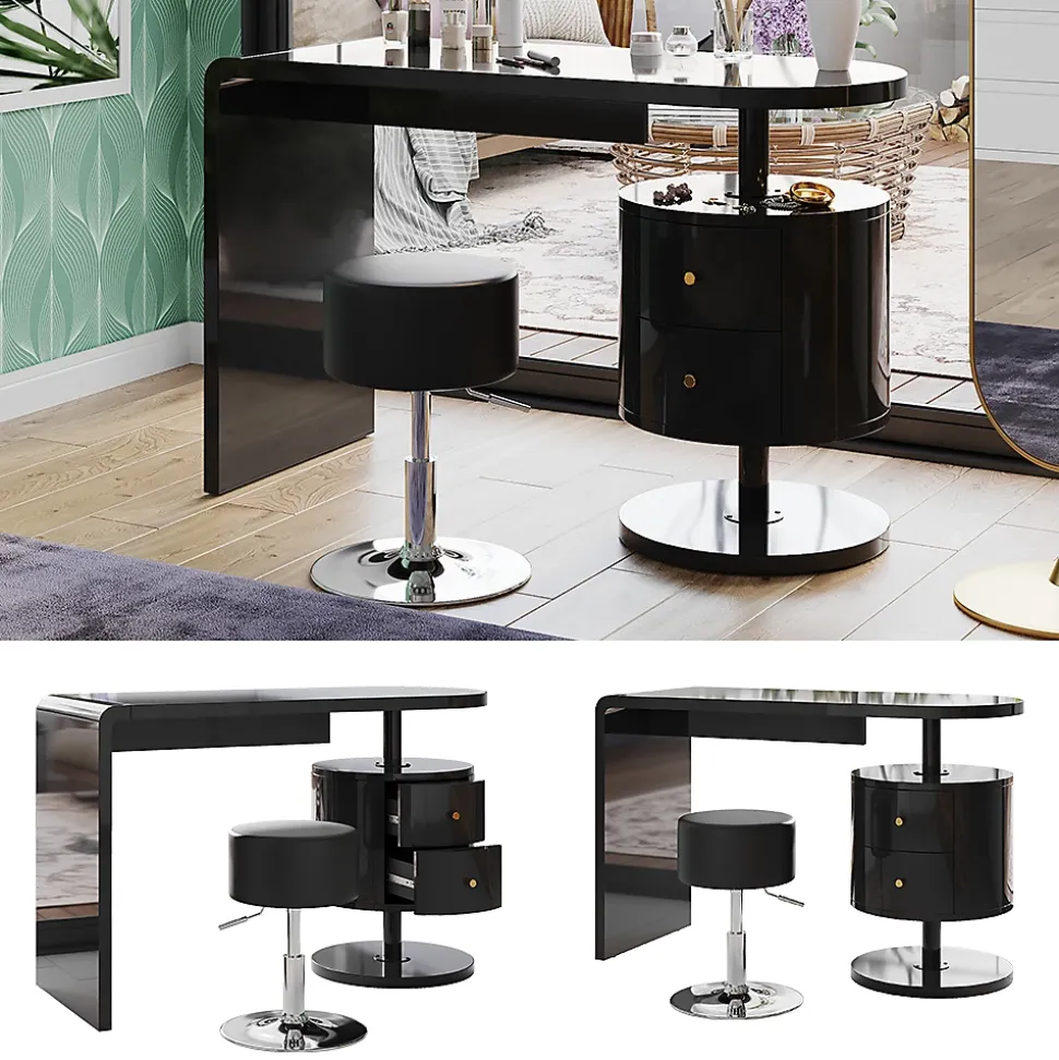 Vicco Coiffeuse Noir Haute brillance 120cm avec tabouret