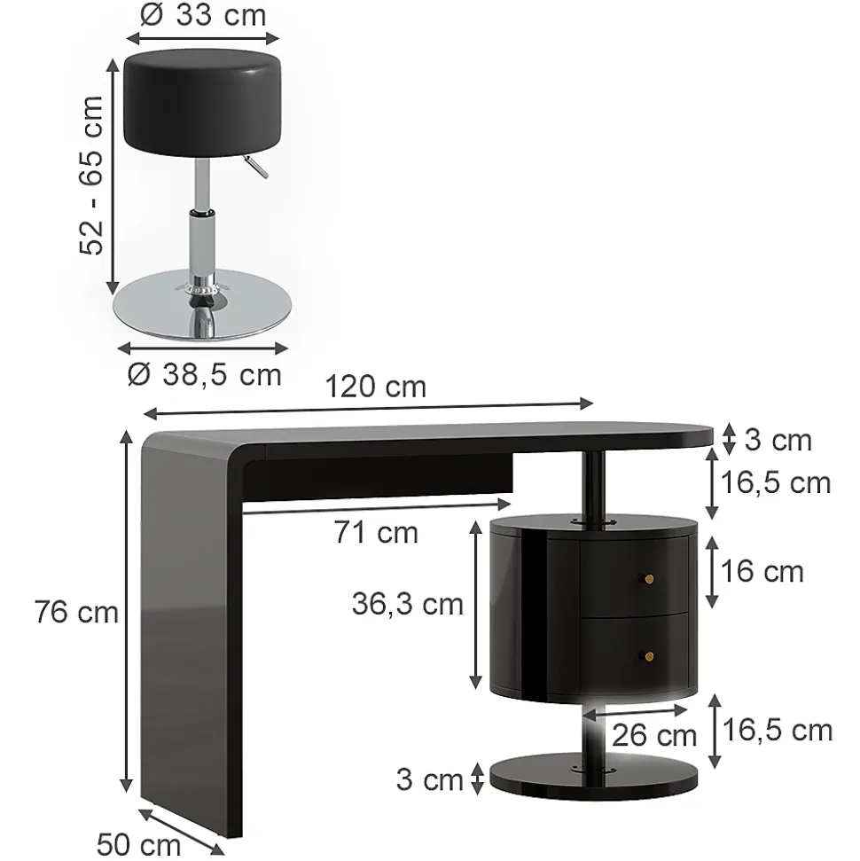 Vicco Coiffeuse Noir Haute brillance 120cm avec tabouret