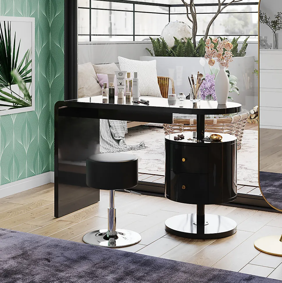 Vicco Coiffeuse Noir Haute brillance 120cm avec tabouret