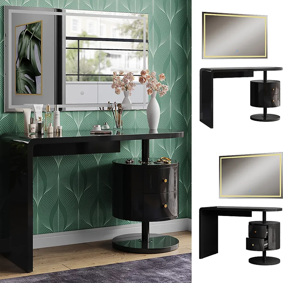 Vicco Coiffeuse Noir Haute brillance 120cm avec miroir LED