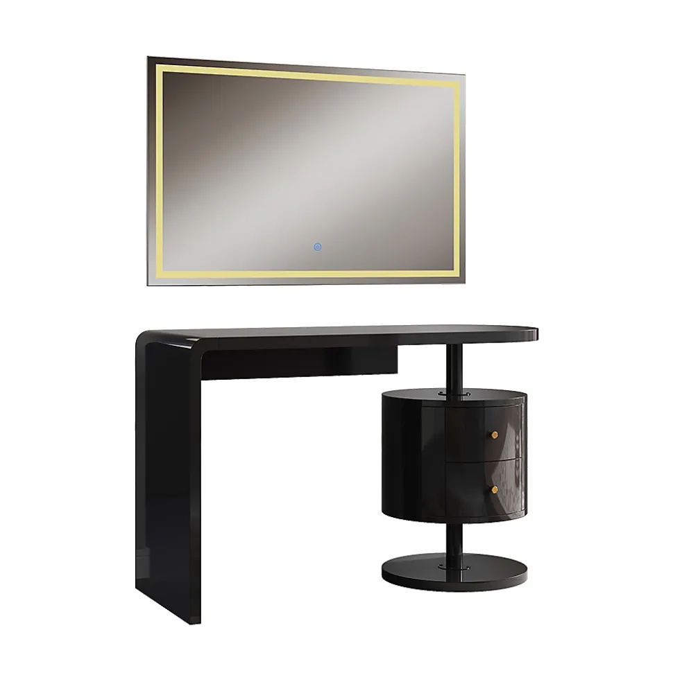 Vicco Coiffeuse Noir Haute brillance 120cm avec miroir LED