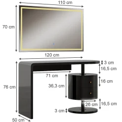 Vicco Coiffeuse Noir Haute brillance 120cm avec miroir LED