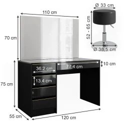 Vicco Coiffeuse noir/or 55cm avec tabouret
