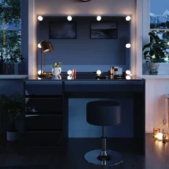 Vicco Coiffeuse noir/or 120cm avec éclairage LED et tabouret