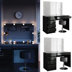 Vicco Coiffeuse noir/or 120cm avec éclairage LED et tabouret