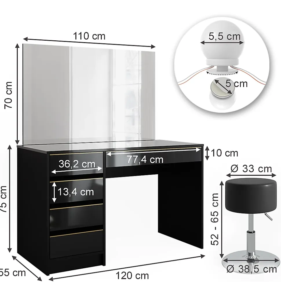 Vicco Coiffeuse noir/or 120cm avec éclairage LED et tabouret