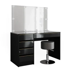 Vicco Coiffeuse noir/or 120cm avec éclairage LED et tabouret