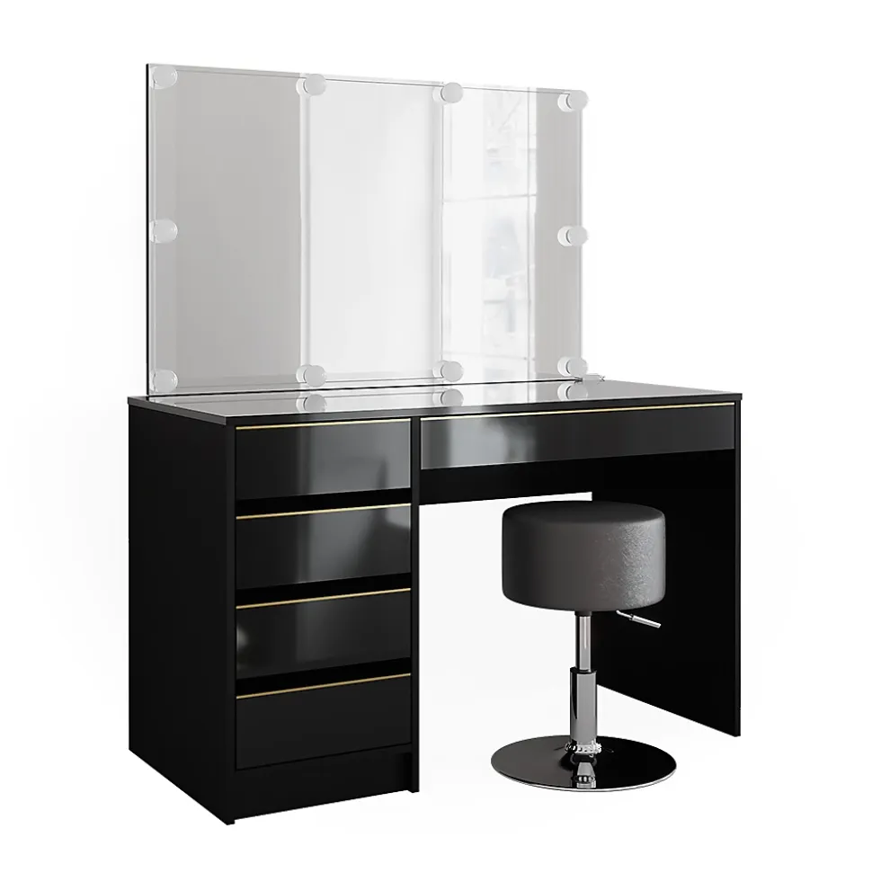 Vicco Coiffeuse noir/or 120cm avec éclairage LED et tabouret