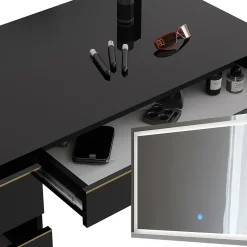 Vicco Coiffeuse noir/or 120cm avec miroir LED et tabouret