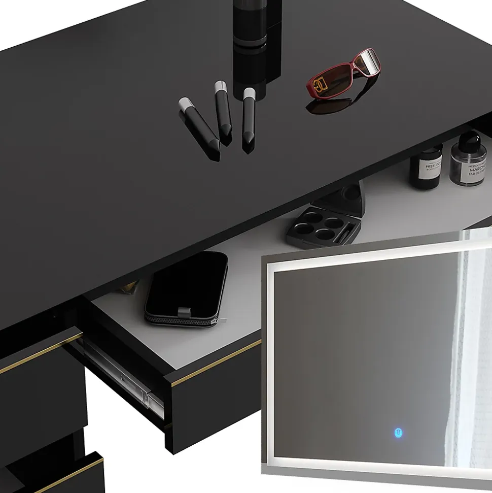 Vicco Coiffeuse noir/or 120cm avec miroir LED et tabouret