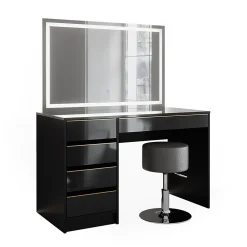 Vicco Coiffeuse noir/or 120cm avec miroir LED et tabouret