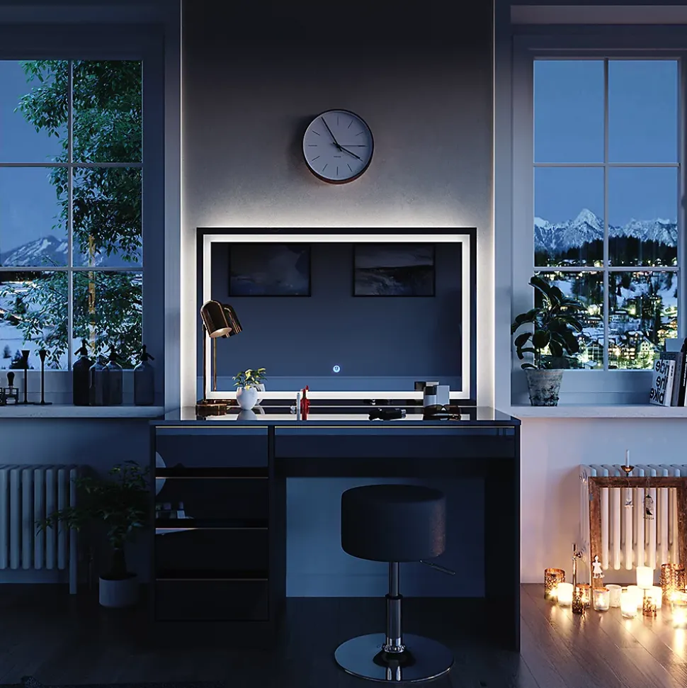 Vicco Coiffeuse noir/or 120cm avec miroir LED et tabouret