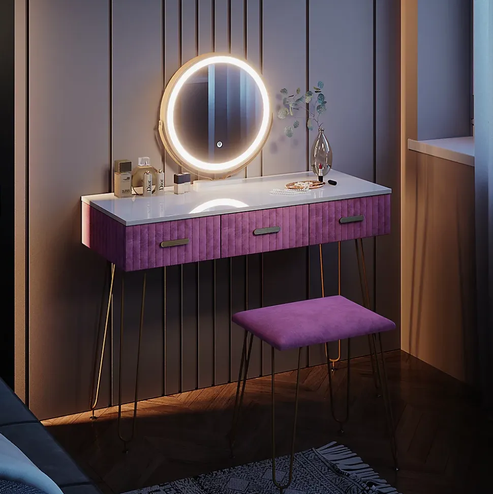 Vicco Coiffeuse Rose 100cm avec éclairage LED et tabouret