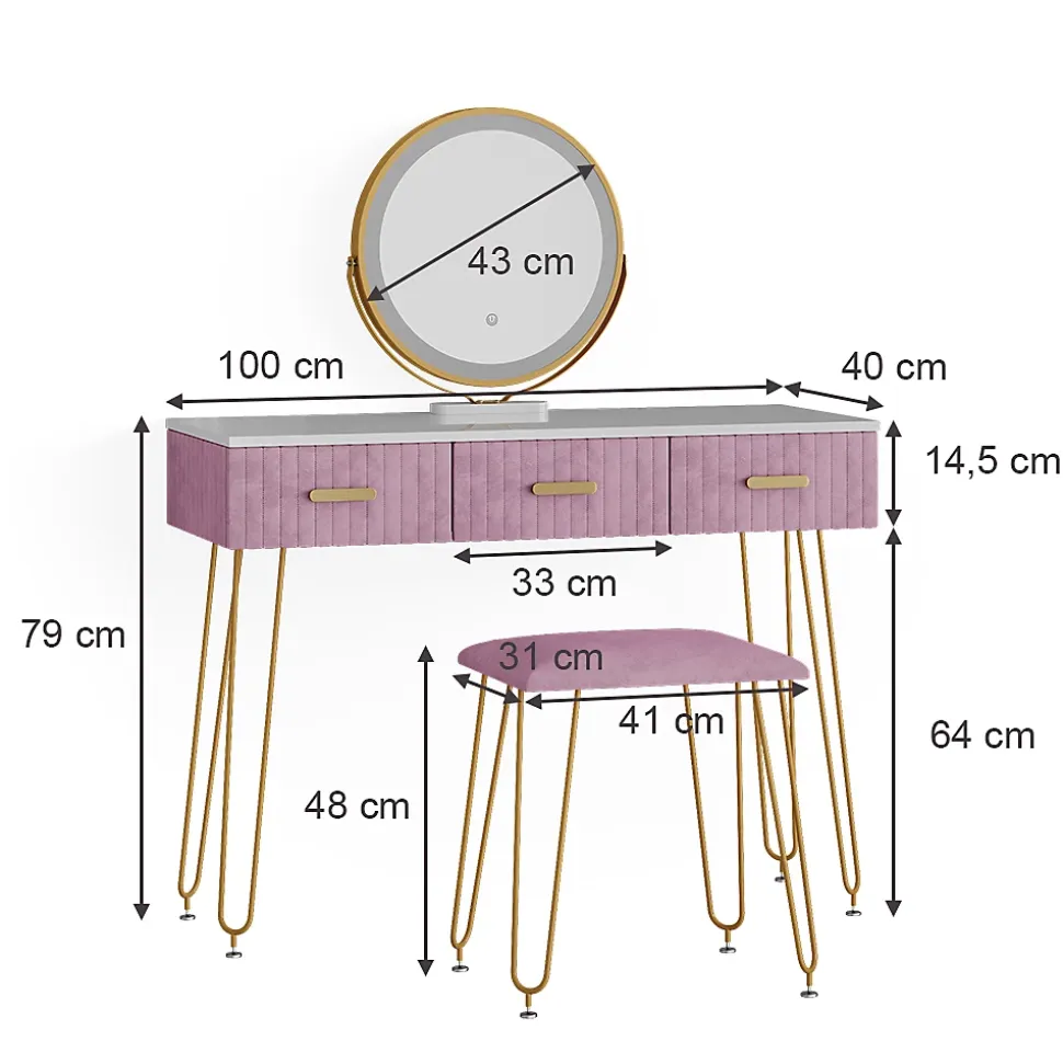 Vicco Coiffeuse Rose 100cm avec éclairage LED et tabouret