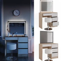 Vicco Coiffeuse Sonoma 40cm avec miroir LED et tabouret