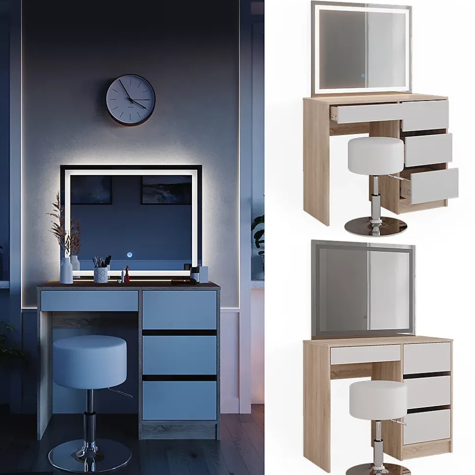 Vicco Coiffeuse Sonoma 40cm avec miroir LED et tabouret