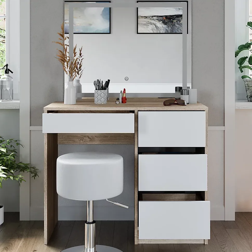 Vicco Coiffeuse Sonoma 40cm avec miroir LED et tabouret