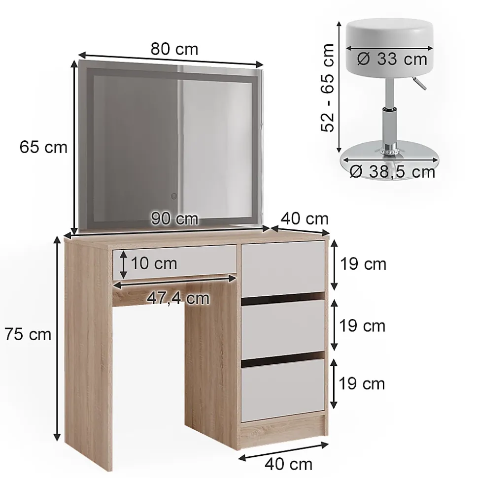 Vicco Coiffeuse Sonoma 40cm avec miroir LED et tabouret