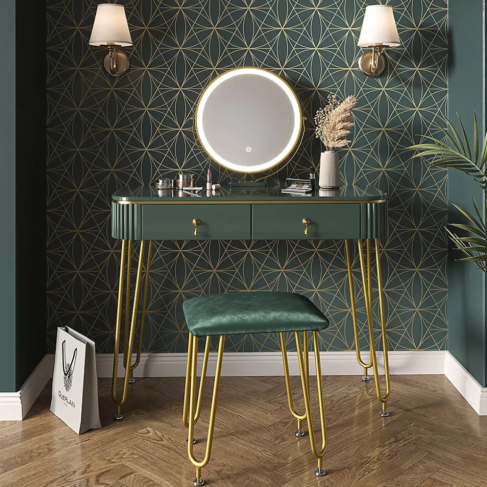 Vicco Coiffeuse Vert foncé Haute brillance 100cm avec éclairage LED et tabouret