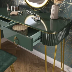 Vicco Coiffeuse Vert foncé Haute brillance 100cm avec éclairage LED et tabouret