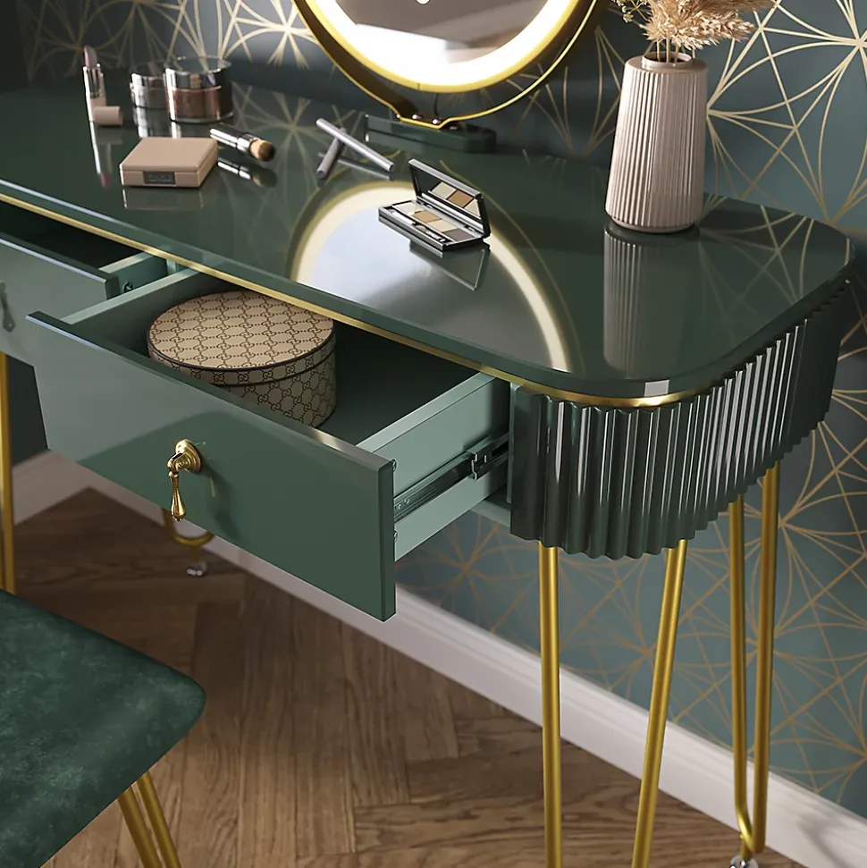 Vicco Coiffeuse Vert foncé Haute brillance 100cm avec éclairage LED et tabouret