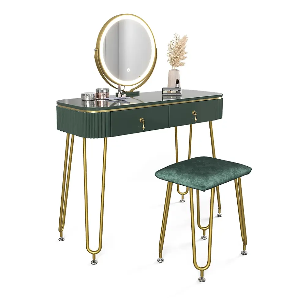 Vicco Coiffeuse Vert foncé Haute brillance 100cm avec éclairage LED et tabouret
