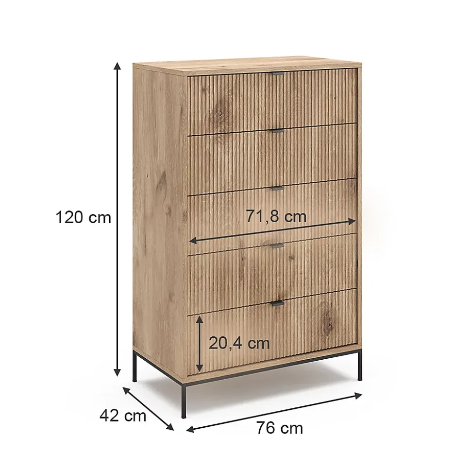 Vicco Commode Chêne Viking 76x120cm avec 5 tiroirs