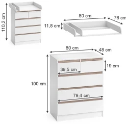 Vicco Commode à langer Blanc/Sonoma 80x110.2cm avec 5 tiroirs