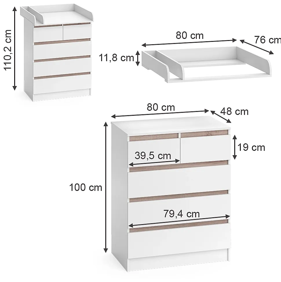 Vicco Commode à langer Blanc/Sonoma 80x110.2cm avec 5 tiroirs