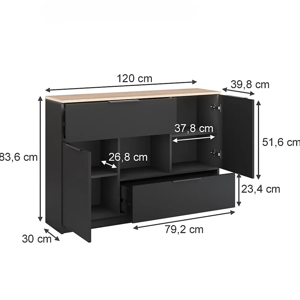 Vicco Commode avec tiroirs Anthracite 120x83.6cm 2x porte, 2x tiroir et 1x compartiment ouvert
