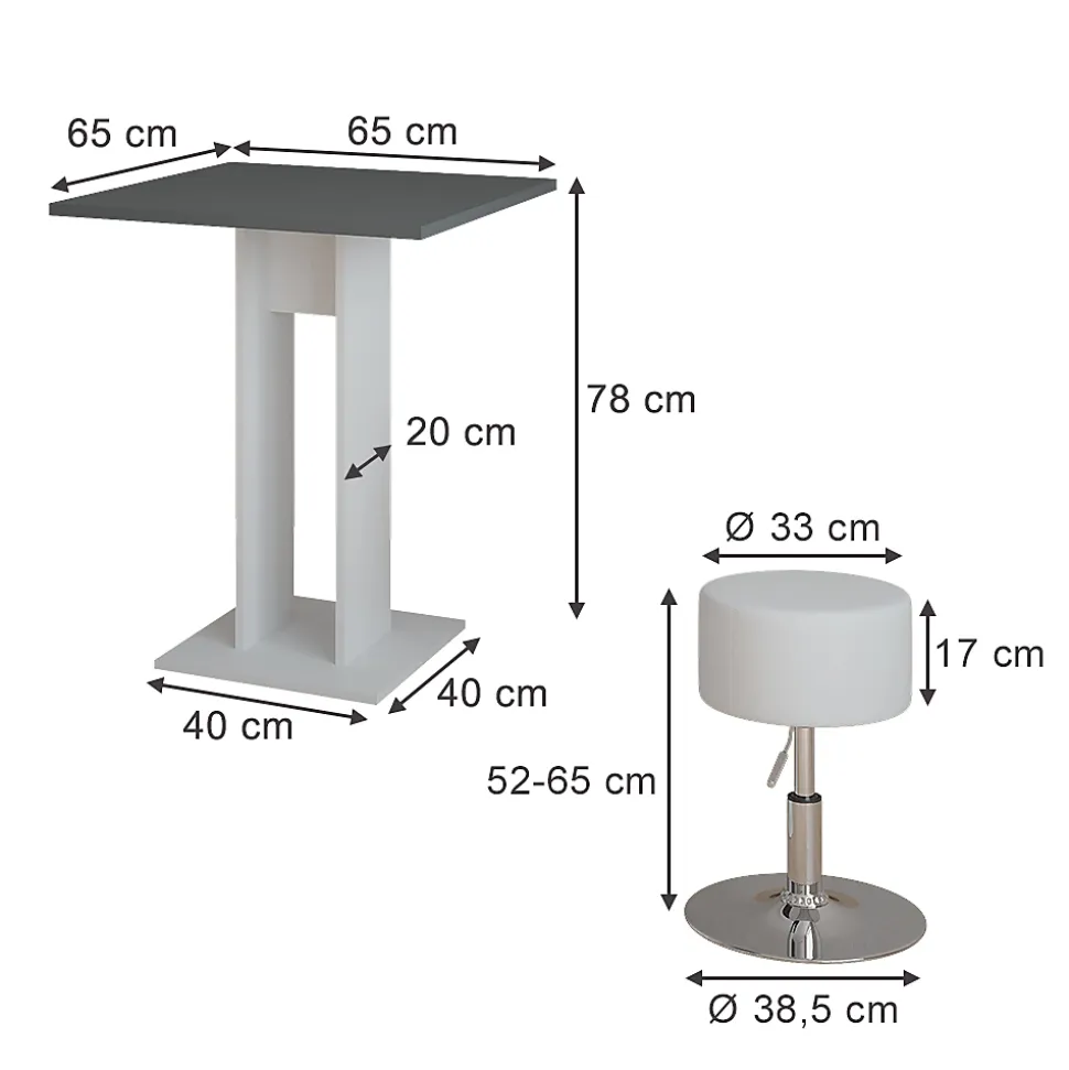 Vicco Ensemble de table à manger blanc/anthracite 65x65cm avec 2 tabourets