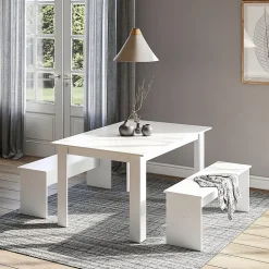 Vicco Ensemble de table à manger Blanc 137.6x92.8cm avec 2 bancs